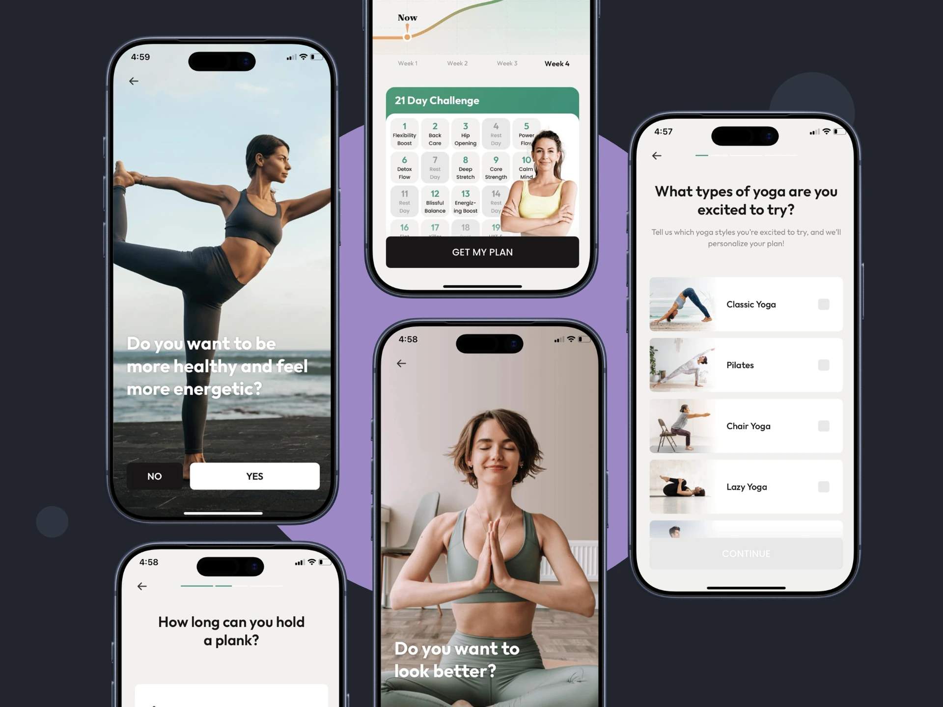  Multiple iPhone displays showing a fitness and yoga app interface